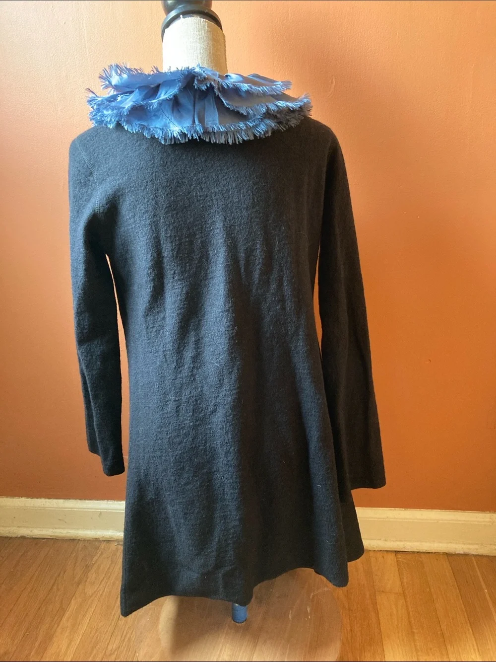 Peoria Emporium Black Wool Cardigan with Dusty Blue Ruffles